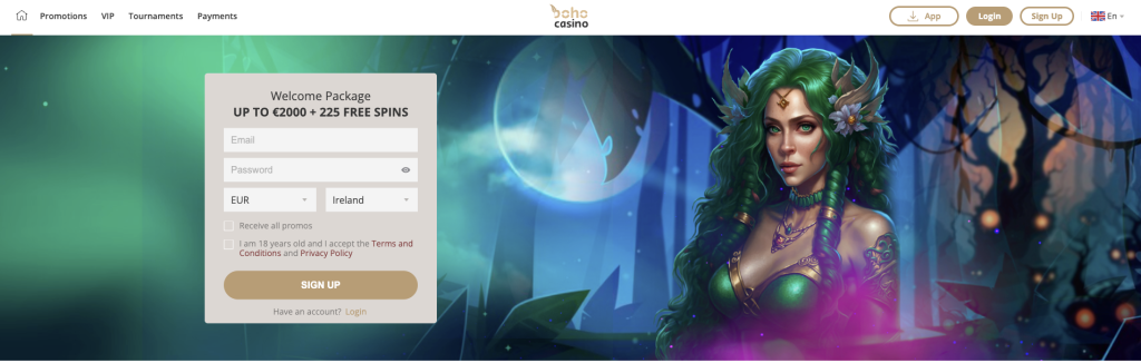 boho casino homepage screenshot